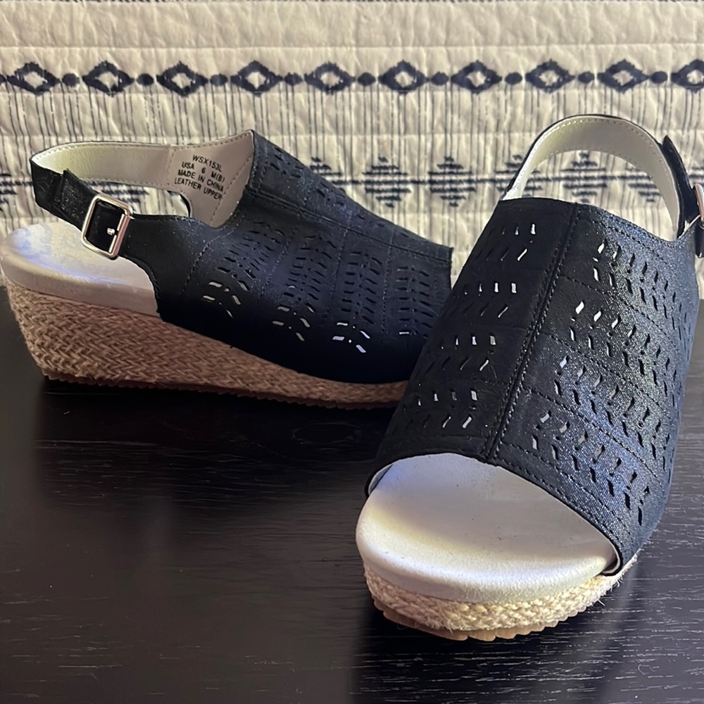 Comfort soles, black die cut faux leather uppers, hemp wedge, suede memory foam